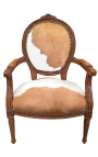 Barokowy fotel w stylu Ludwika XVI prawdziwa skóra bydlęca brązowo-biała i surowe drewno