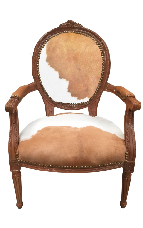 Fauteuil baroque de style Louis XV vraie peau de vache marron et bois brut