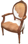 Barocker Sessel im Louis XVI-Stil aus echtem Rindsleder in Braun und Weiß und rohem Holz
