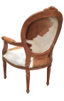 Baroque armchair of Louis XVI style real cow leather brown and white and raw wood