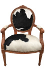 Baroque armchair of Louis XVI style real cow leather black and white and raw wood