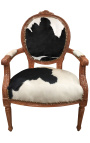 Sillón barroco de estilo Luis XVI piel de vaca real negro y blanco y madera cruda