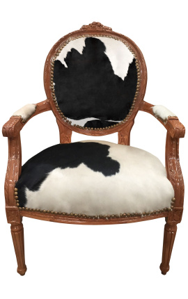 Fauteuil baroque de style Louis XVI vraie peau de vache noir et bois brut