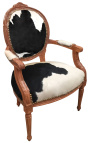 Бароков фотьойл в стил Луи XVI, естествена телешка кожа, черно и бяло и необработено дърво