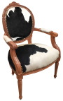 Fauteuil baroque de style Louis XVI vraie peau de vache noir et bois brut