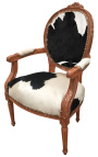 Baroka stila Luija XVI stila īstas govs ādas melnbalts un neapstrādāta koka krēsls
