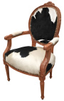 Fauteuil baroque de style Louis XVI vraie peau de vache noir et bois brut