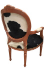 Fauteuil baroque de style Louis XVI vraie peau de vache noir et bois brut