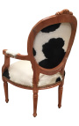 Fauteuil baroque de style Louis XVI vraie peau de vache noir et bois brut