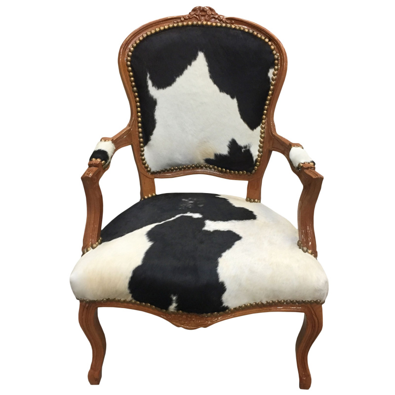 Poltrona Louis XV Bianco e nero di vacchetta e legno crudo