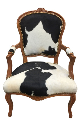 Poltrone barocco di Louis XV stile con pelle di mucca nera e bianca vera e legno grezzo