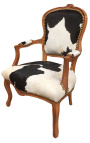 Baroque armchair of Louis XV style with real black and white cowhide and raw wood
