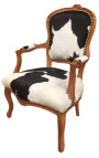 Fauteuil baroque de style Louis XV vraie peau de vache noire et bois naturel