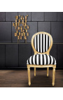 Cadeira estilo Luís XVI em tecido listrado preto e branco e madeira dourada