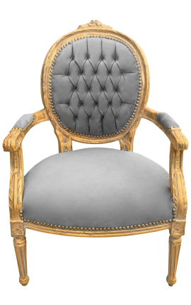 Sillón barroco Luis XVI estilo terciopelo gris y madera de oro con patina