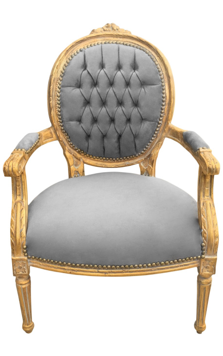 Fauteuil Louis XVI de style baroque velours gris et bois doré patiné