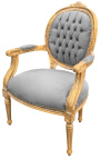 Fauteuil Louis XVI de style baroque velours gris et bois doré patiné