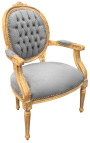 Fauteuil Louis XVI de style baroque velours gris et bois doré patiné