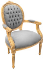 Baroque armchair Louis XVI style gray velvet and gold wood with patina