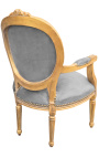 Fauteuil Louis XVI de style baroque velours gris et bois doré patiné