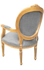 Baroque armchair Louis XVI style gray velvet and gold wood with patina