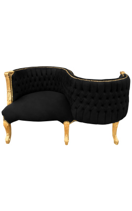 Fotel konwersacyjny w stylu barokowym z czarnej aksamitnej tkaniny i złoconego drewna