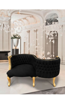 Fauteuil confident baroque tissu velours noir et bois doré