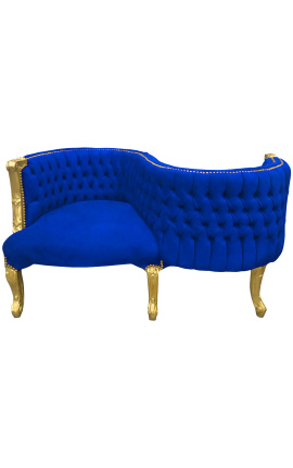 Barokowe siedzisko konwersacyjne z niebieskiej aksamitnej tkaniny i pozłacanego drewna