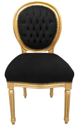 Stuhl im Louis XVI-Stil aus schwarzem Samt und Goldholz