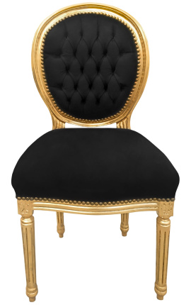 Louis XVI sedia di stile velletto nero e legno dorato
