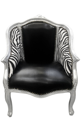 Barocker Bergere-Sessel Louis XV schwarzes Kunstleder & Zebra-Stoff Silberholz