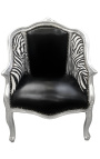 Барочное кресло bergere Louis XV черная кожа из кожзаменителя и зебры из серебра