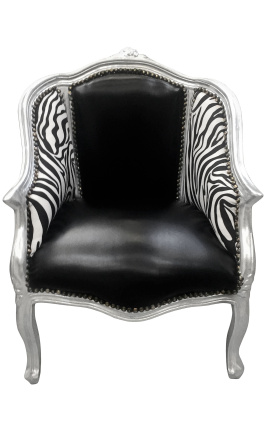 Barokna bergere fotelja Louis XV crna umjetna koža & zebra tkanina srebrno drvo