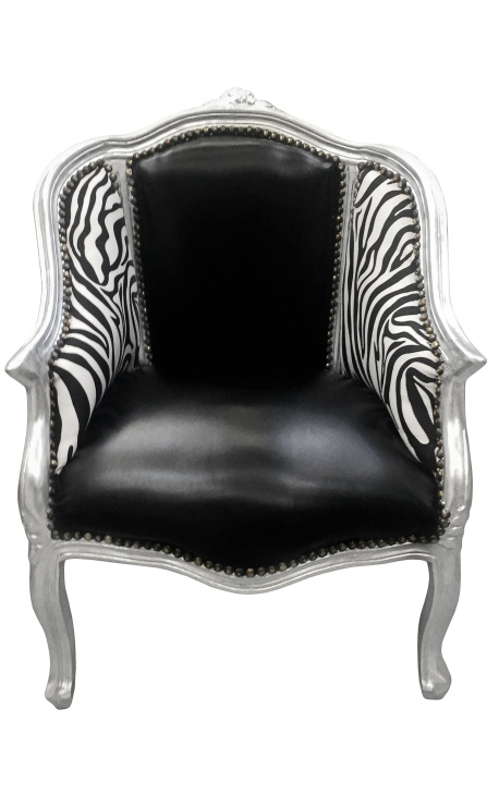 Baročni fotelj bergere Louis XV črno usnje in zebra blago srebrn les