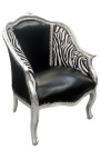 Baročni fotelj bergere Louis XV črno usnje in zebra blago srebrn les