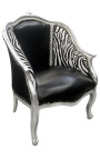 Sillón de sargentos barrocos Louis XV piel negra & tela cebra madera de plata