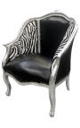 Barok bergere fauteuil Louis XV zwart kunstleer & zebra stof zilver hout