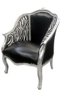 Barokowy fotel bergere Ludwika XV czarna skóra ekologiczna i tkanina zebry srebrne drewno