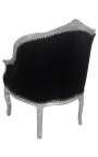 Barok bergere fauteuil Louis XV zwart kunstleer & zebra stof zilver hout