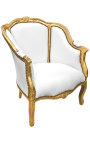 Grande bergère de style Louis XV tissu simili cuir blanc et bois doré