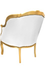 Grande bergère de style Louis XV tissu simili cuir blanc et bois doré