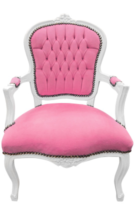 Fauteuil Louis XV de style baroque velours rose et bois blanc