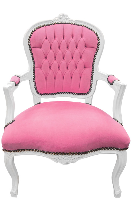 Baroque armchair of Louis XV style pink velvet fabric and white wood - 1