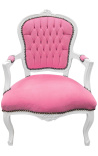 Poltrona in stile barocco Luigi XV velluto rosa e legno bianco