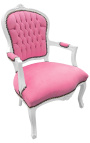 Barocker Sessel aus rosa Samtstoff im Louis-XV-Stil und weißem Holz
