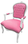 Barokke fauteuil van roze fluwelen stof in Lodewijk XV-stijl en wit hout