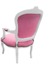 Μπαρόκ πολυθρόνα από ροζ βελούδινο ύφασμα στυλ Louis XV και λευκό ξύλο
