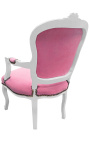 Poltrona in stile barocco Luigi XV velluto rosa e legno bianco