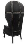Grand fauteuil carrosse de style baroque tissu velours noir et bois noir