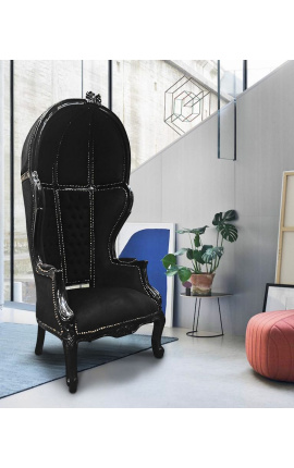 Silla de estilo barroco de gran porter de terciopelo negro y madera negra